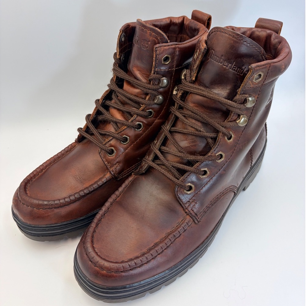 Vintage Timberland Mens 10.5 Brown Leather Moc Toe Lace Up Chukka Boots 69077
